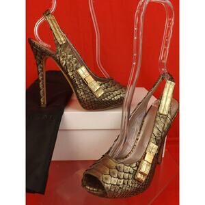 NIB VERSACE BRONZE PYTHON LEATHER PEEP TOE BOW LOGO PLATFORM SANDALS PUMPS 35